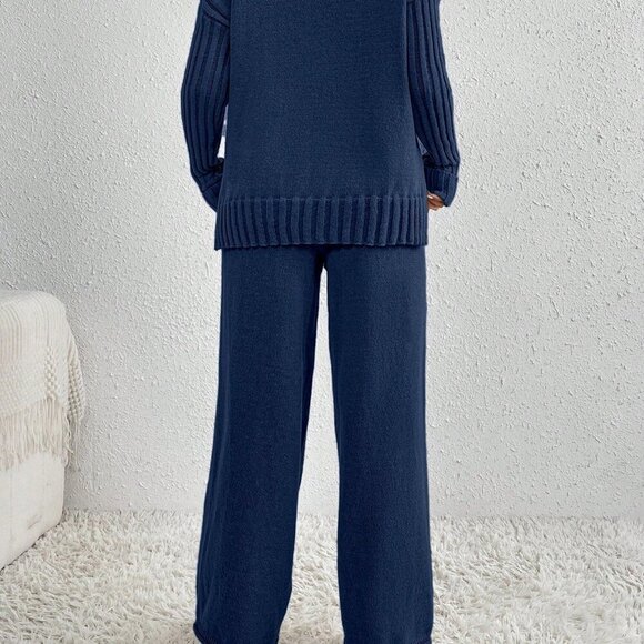 Royal Blue Casual Women's High Neck Drop Shoulder Sweater And Pants - Picture 3 of 5